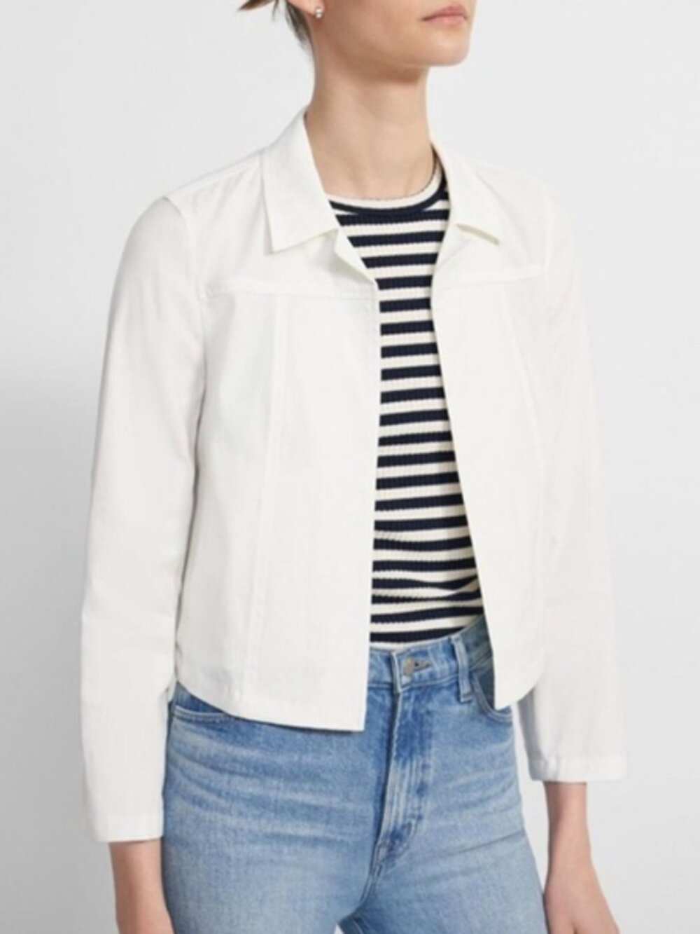 NWT $355 Theory White Shrunken Band Trim Jean Linen Jacket SIZE S